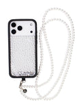 White pearl crossbody phone strap attached to a black and white pearl iPhone case, shown against a white background.