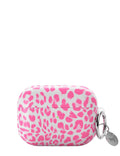 Pink leopard print protective case for AirPods with a silver charm attached