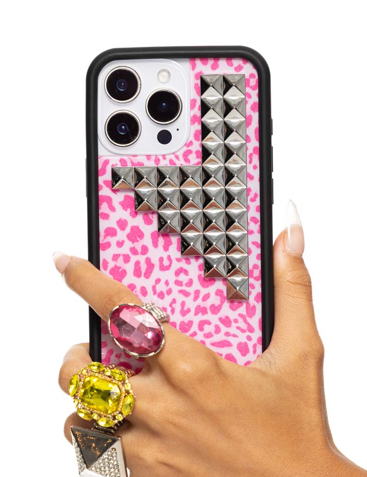 Pink Meow Stud iPhone Case with Leopard Print and Silver Details