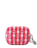 Red and white gingham patterned AirPods case with red hearts and a silver keychain ring
