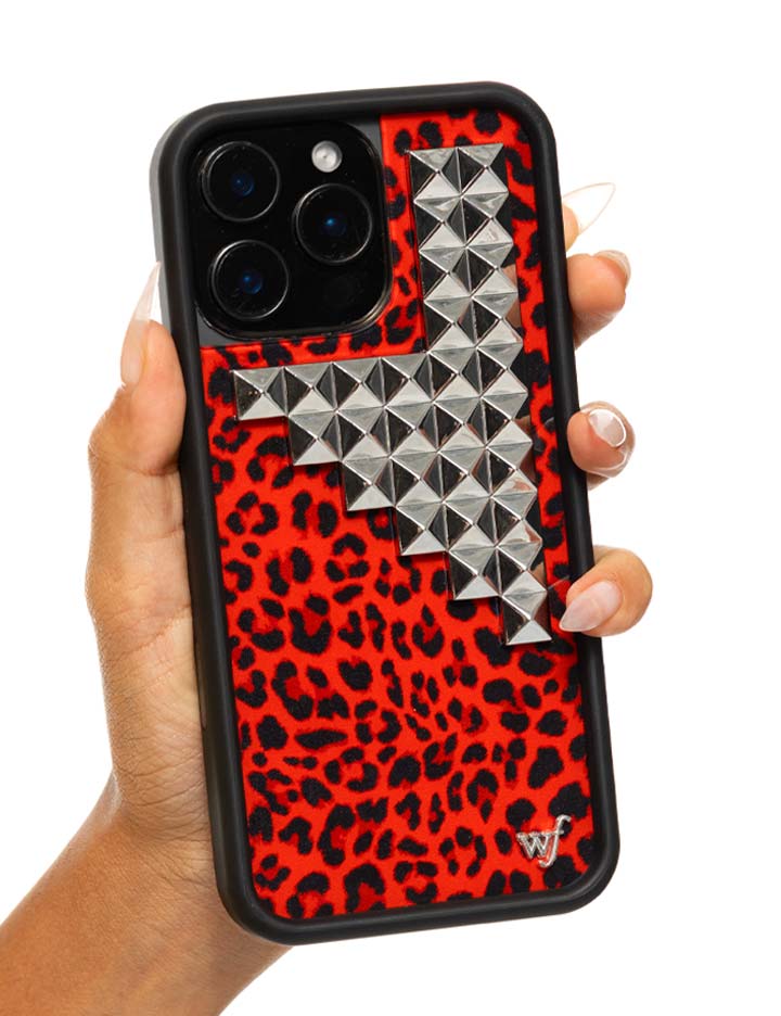 Red Leopard Print iPhone Case with Silver Stud Accents