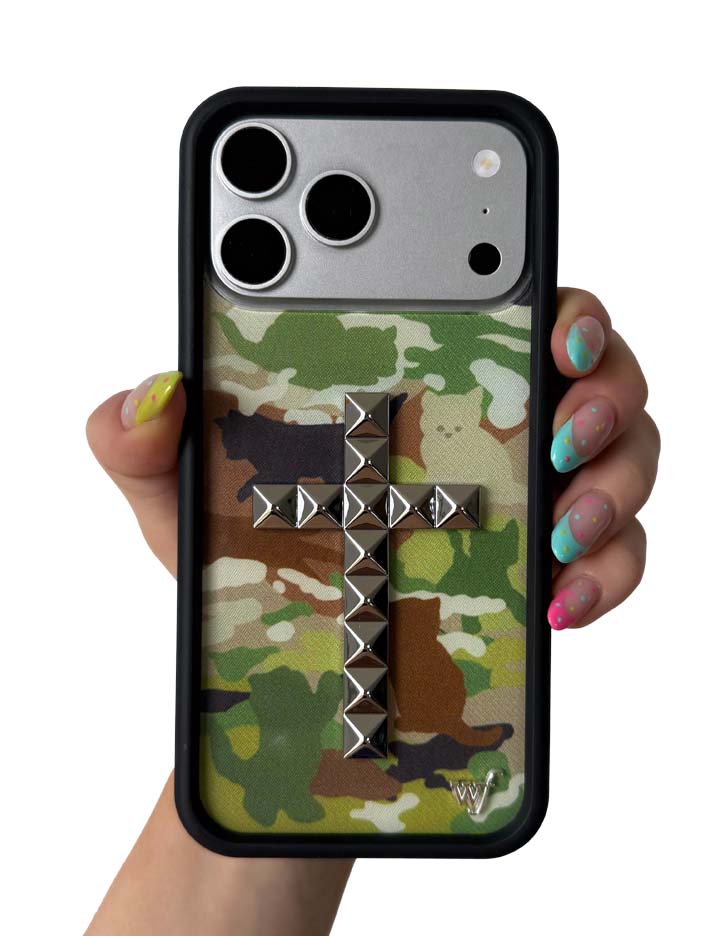 Stud Cross Cat Camo iPhone Case - Neutral Green Y2K Streetwear