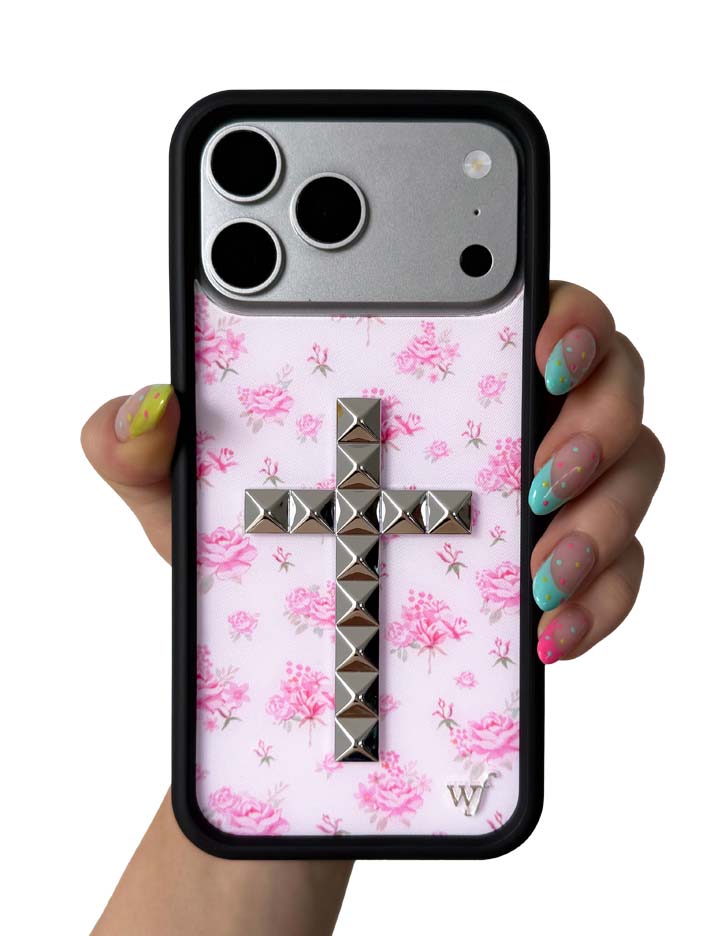 Floral Stud Cross iPhone Case - Pink Cottagecore Tech Accessory