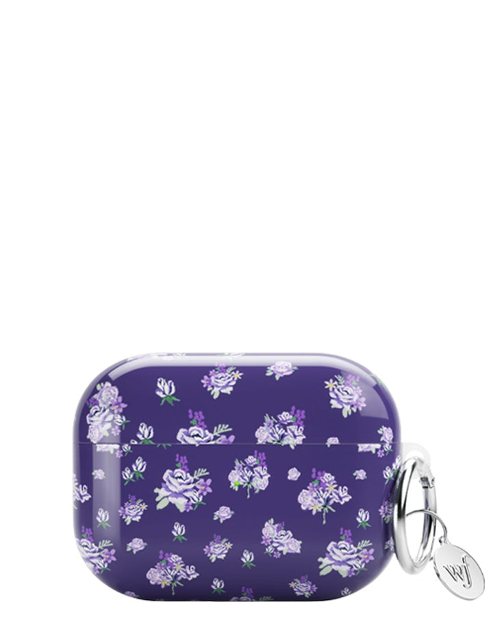 Sugar Plum Floral AirPods Pro Case in dark purple with lilac flower pattern and silver keychain ring