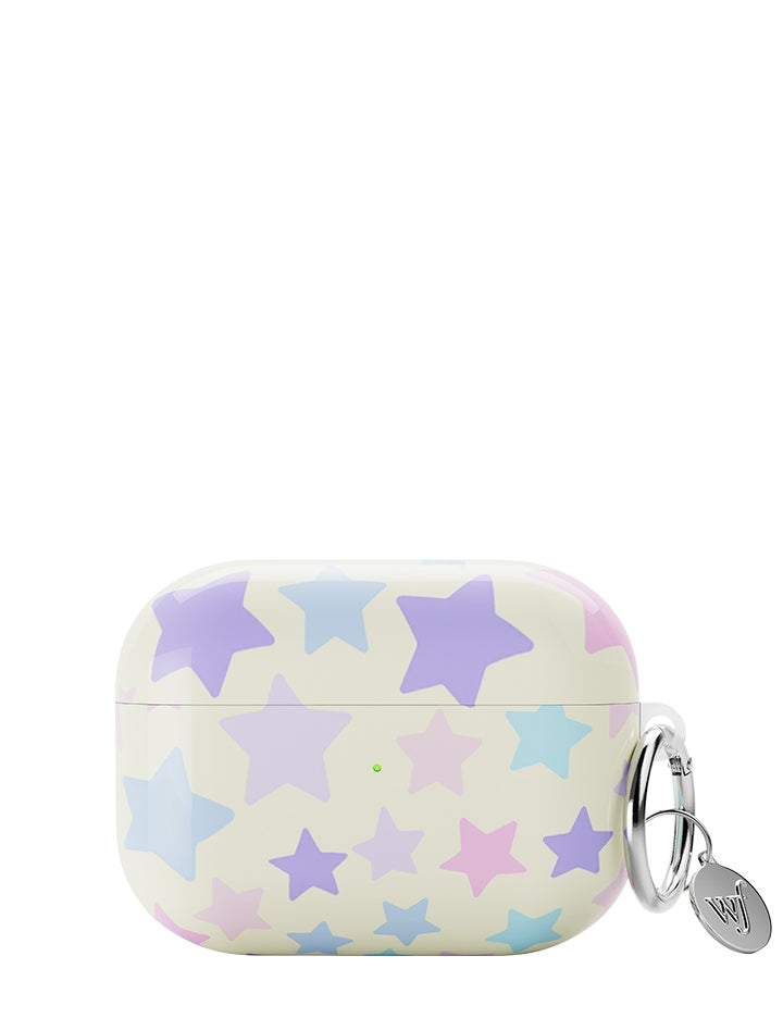 Cream colored AirPods case with pastel purple, pink, and blue star print and silver keychain clip attached.