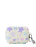 Cream colored AirPods case with pastel purple, pink, and blue star print and silver keychain clip attached.