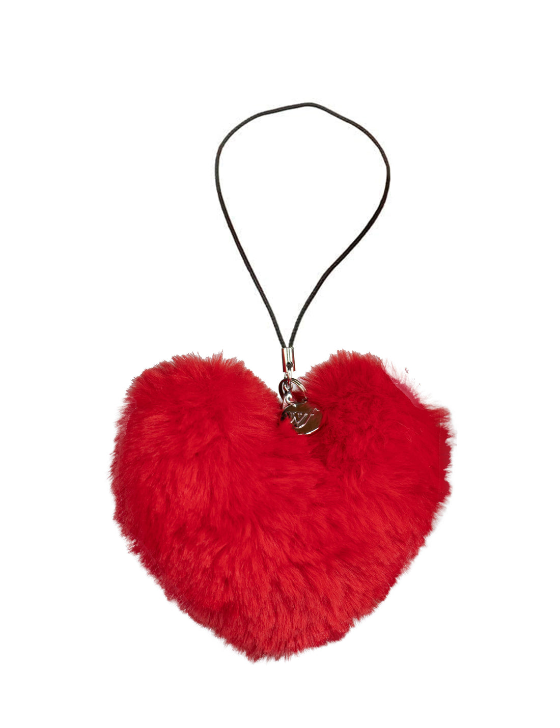 Close up of a fuzzy red heart phone case featuring a dangling Wildflower Cases charm