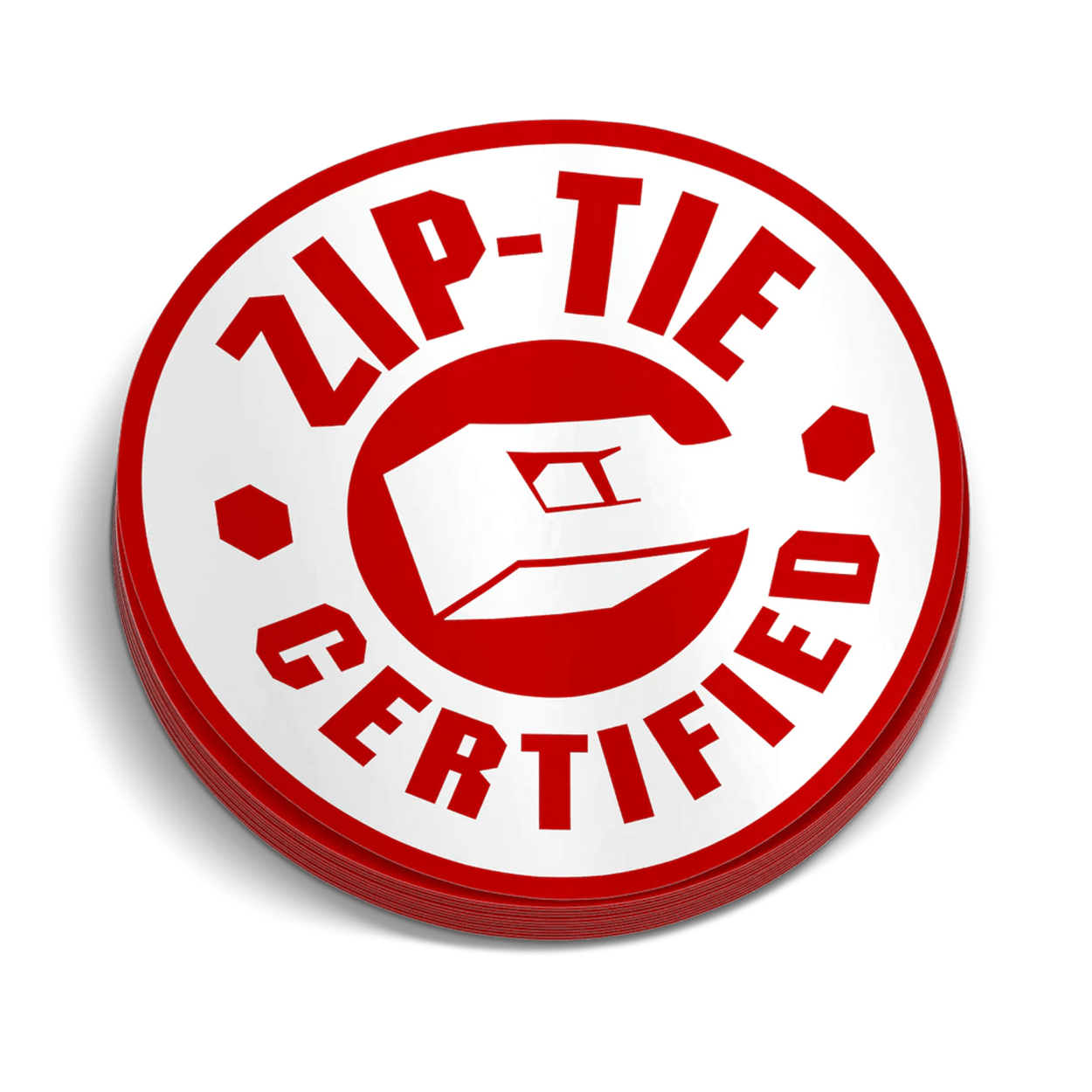 Durable vinyl sticker with zip tie graphic for hard hats and work equipment