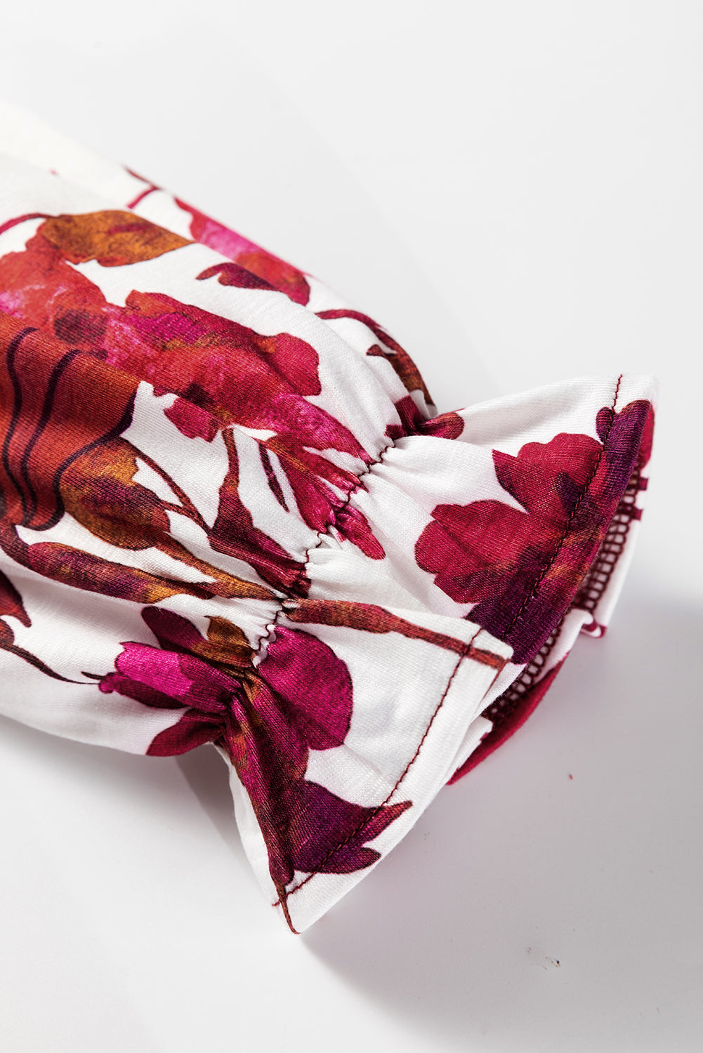 Wild Ginger Contrast Floral Sleeve Solid Ribbed Body Patchwork Long Sleeve Top