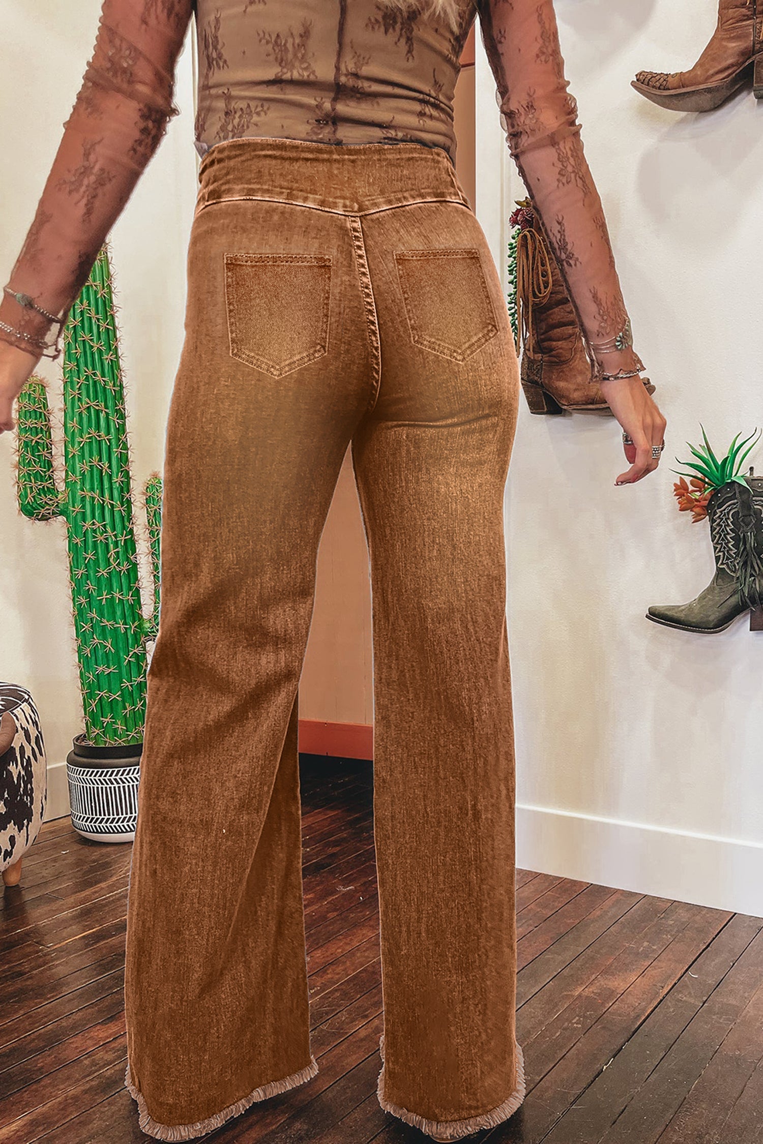 Coffee High Waist Flare Jeans | Button Fly Raw Hem Denim