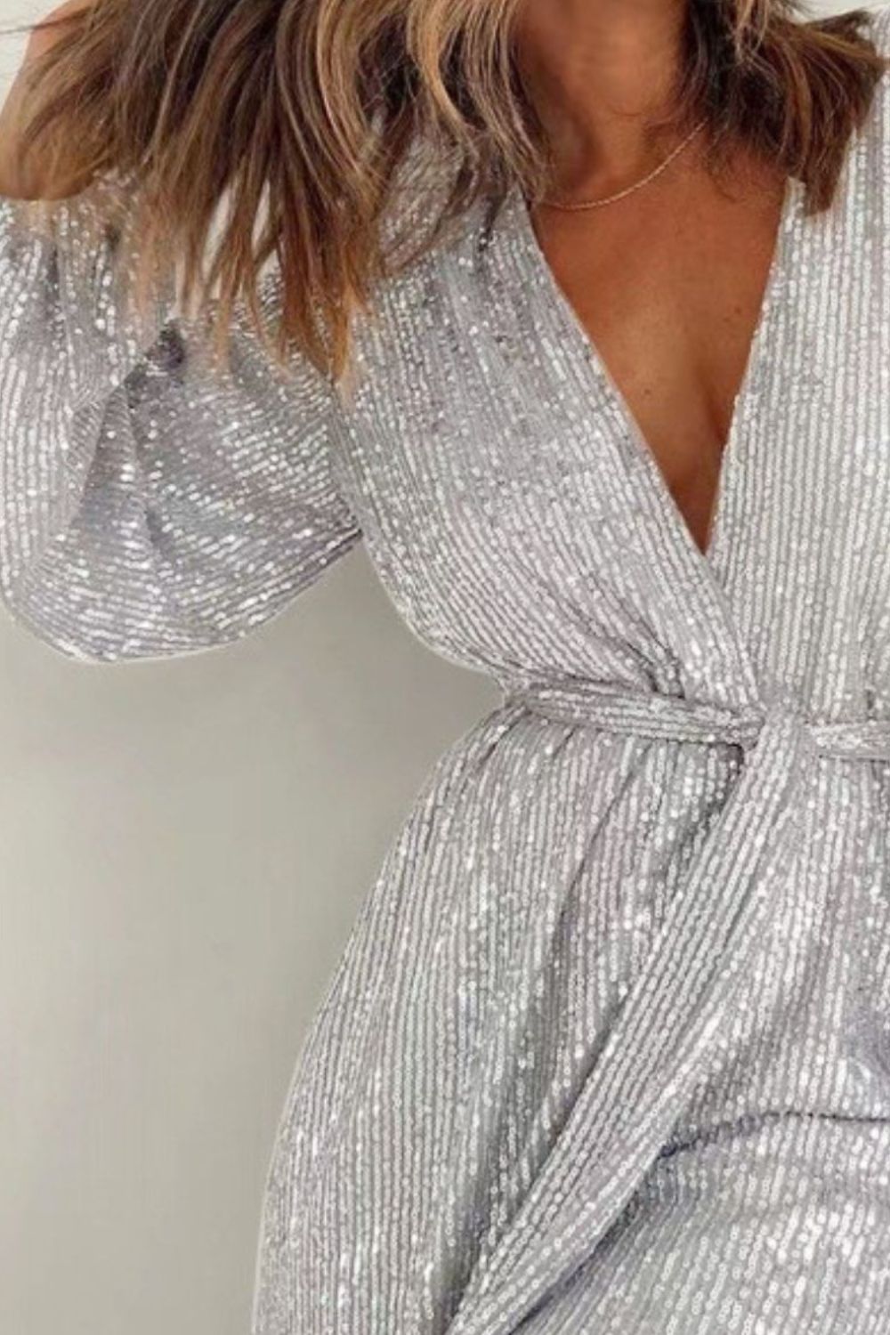 Sequin Surplice Tie Waist Long Sleeve Mini Romper