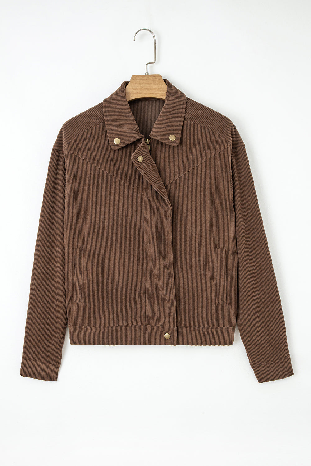 Women Brown Corduroy Trucker Jacket with Zip and Button Detail - Image 6