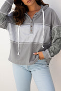 Stripe Waffle Patchwork Hooded Long Sleeve Top