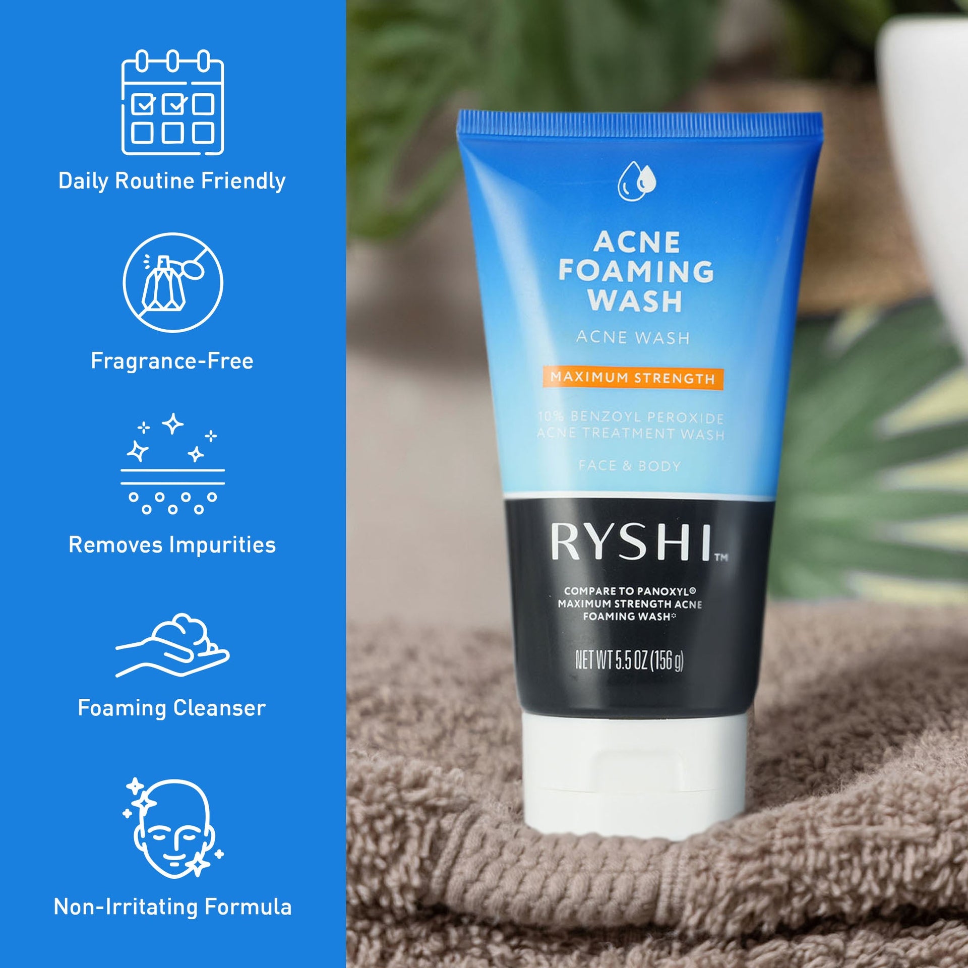 Acne Foaming Wash – Maximum Strength Acne Treatment with 10% Benzoyl Peroxide | Face & Body Cleanser | Fragrance-Free