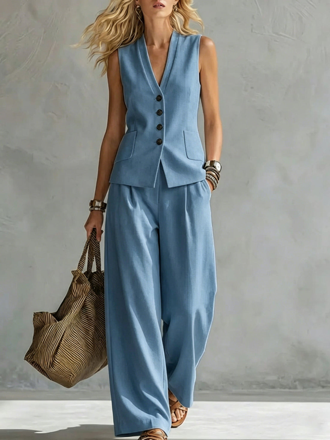 Women's Button-Down Vest and Wide-Leg Pants Two-Piece Set - Image 8