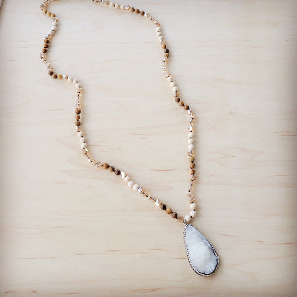 Picture Jasper Beaded Necklace with White Druzy Pendant