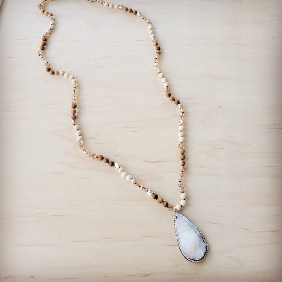 Picture Jasper Beaded Necklace with White Druzy Pendant
