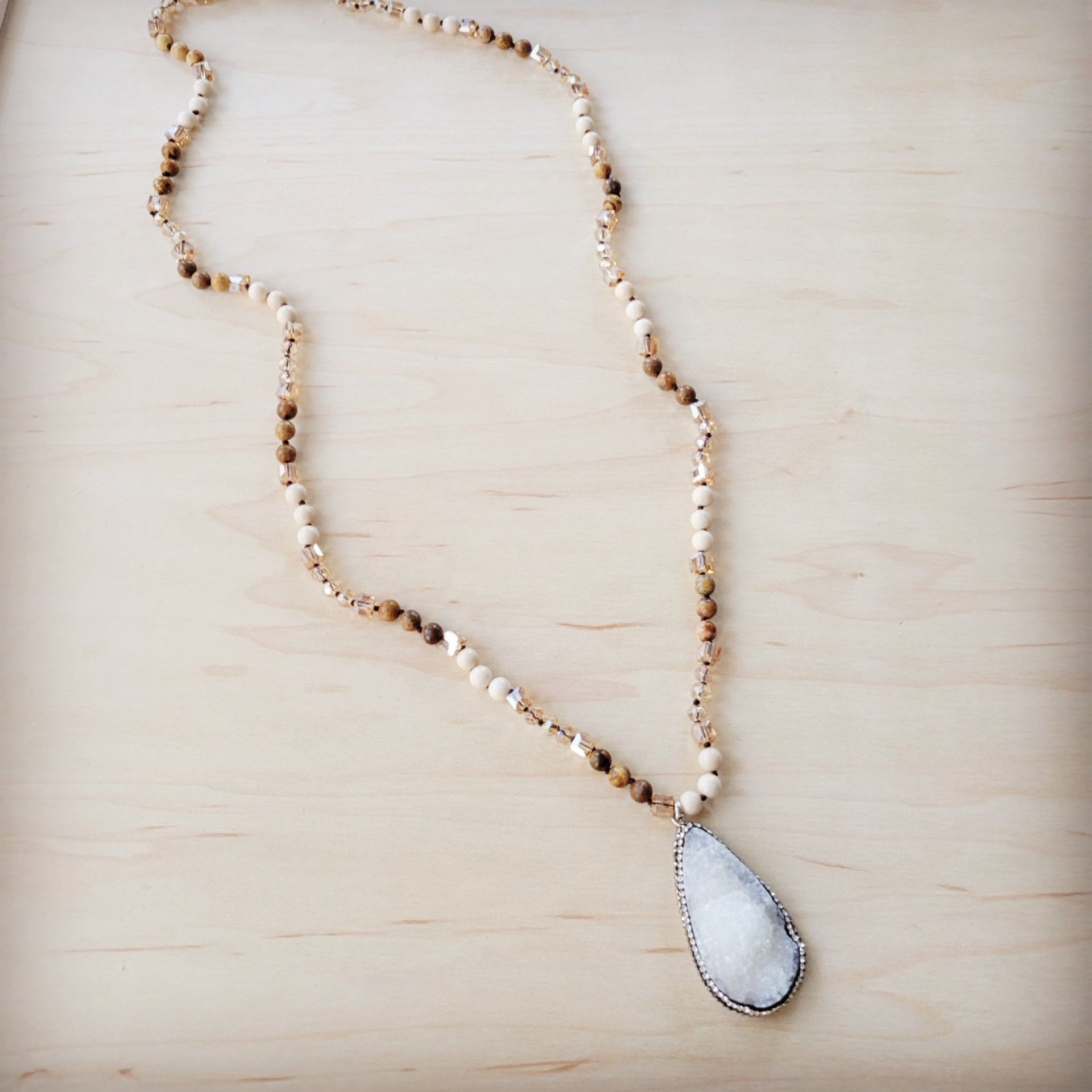 Picture Jasper Beaded Necklace with White Druzy Pendant