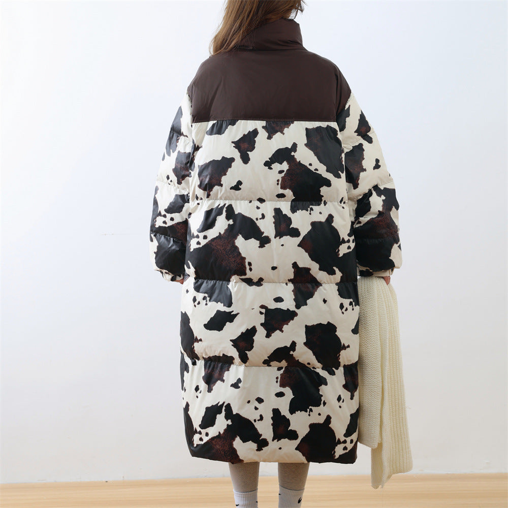 Harajuku Cow Print Long White Duck Down Puffer Coat for Women - Image 5