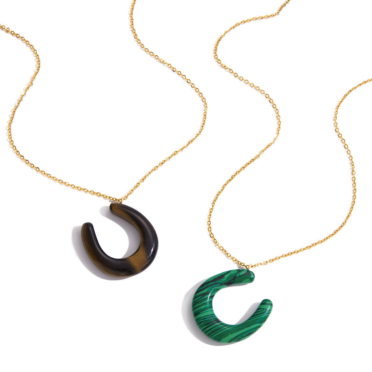 18K gold horseshoe necklace with tiger's eye and malachite gemstone inlay
