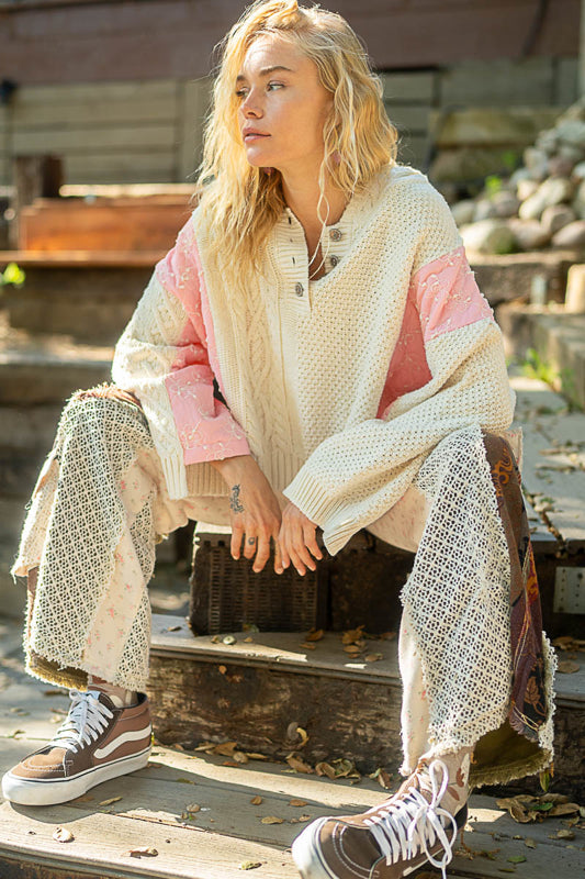Pink Blossom Quilted Cotton Hoodie Sweater with Metal Buttons