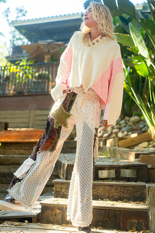 Pink Blossom Quilted Cotton Hoodie Sweater with Metal Buttons