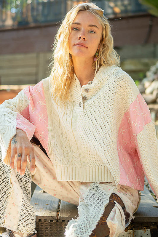 Pink Blossom Quilted Cotton Hoodie Sweater with Metal Buttons