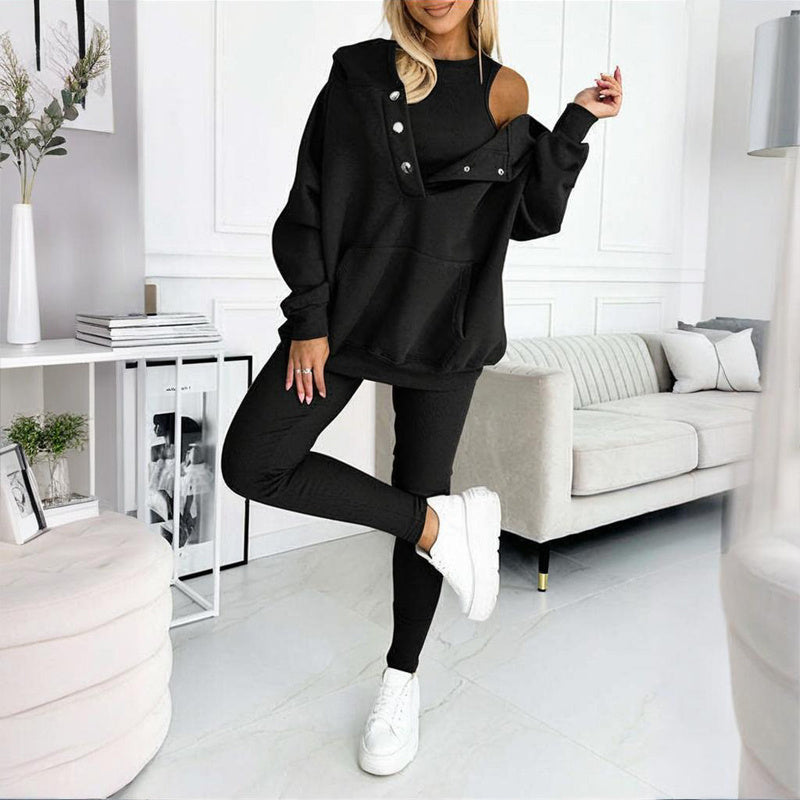 Women Solid Color Three Piece Set Hooded Sweatshirt Vest Pants - Image 8