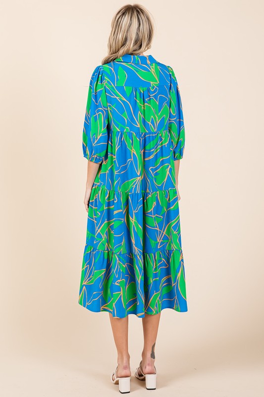Tiered Printed Midi Dress with Collared Neck in Blue and Green