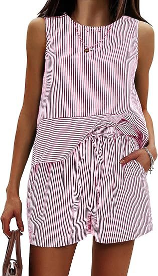 Women's Striped Sleeveless Ruffle Top and Shorts Set