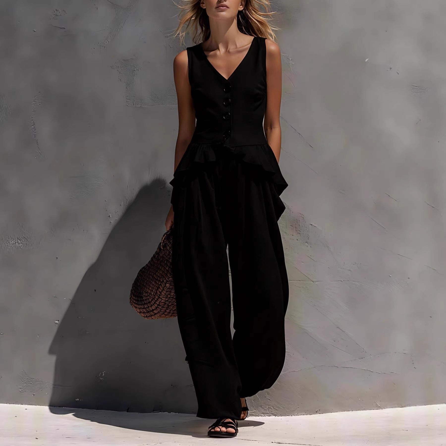 Button-Front Ruffled Tank Top and Wide-Leg Pants Set - Image 2