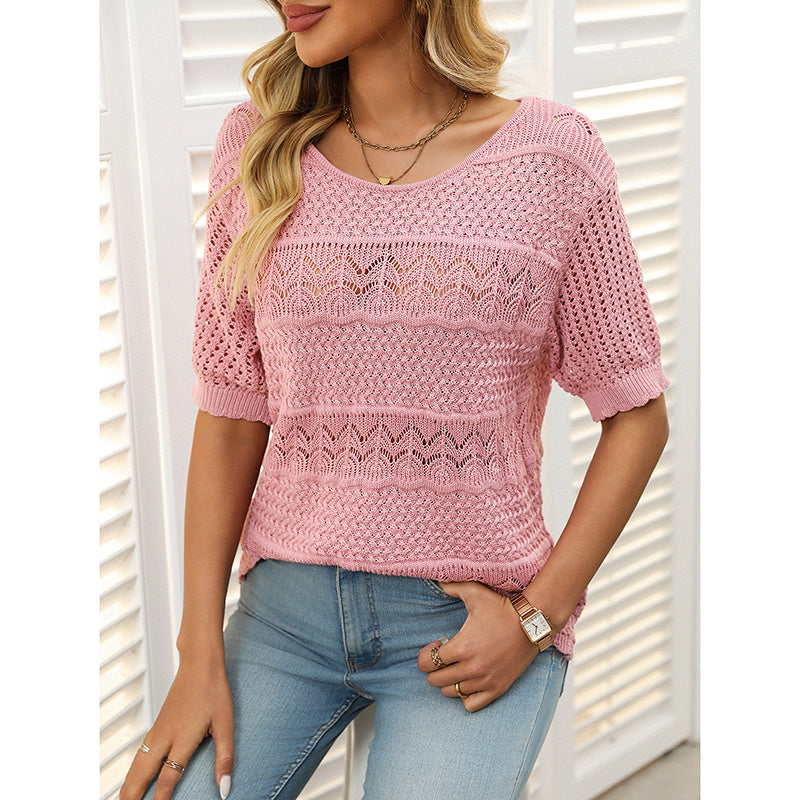 Women’s Short Sleeve Crochet Knit Hollow-Out Crew-Neck Top