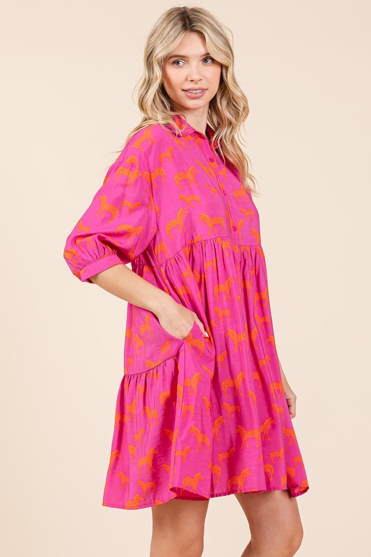 Zebra Print Button Down Mini Dress: Tiered Flutter Shirt Dress
