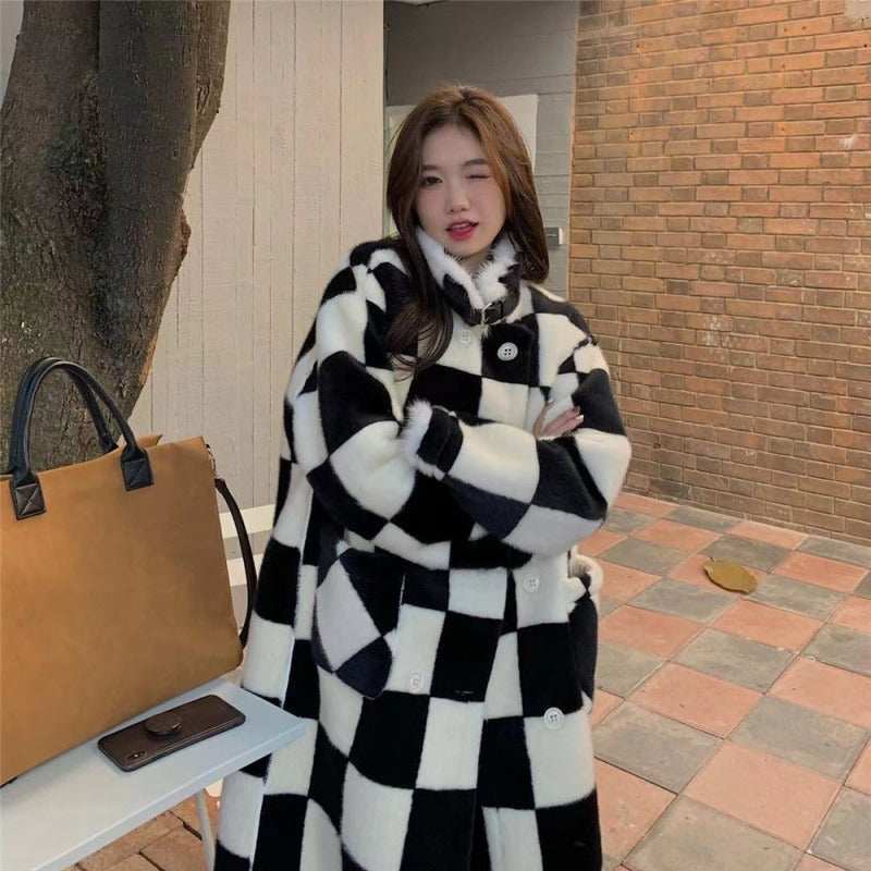 Women's Elegant Black & White Checkerboard Double-Breasted Long Coat - Image 5