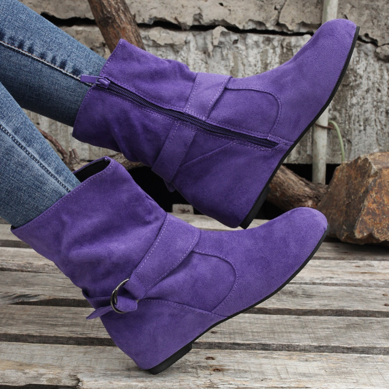 Women's Ankle Boots with Buckle Belt & Side Zip