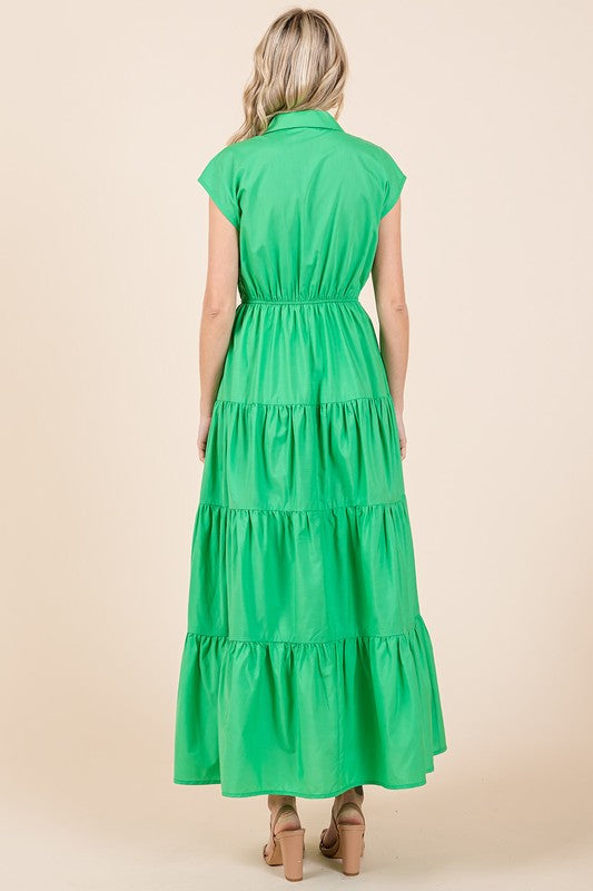 Button Up Tiered Maxi Shirt Dress with Collared Neckline