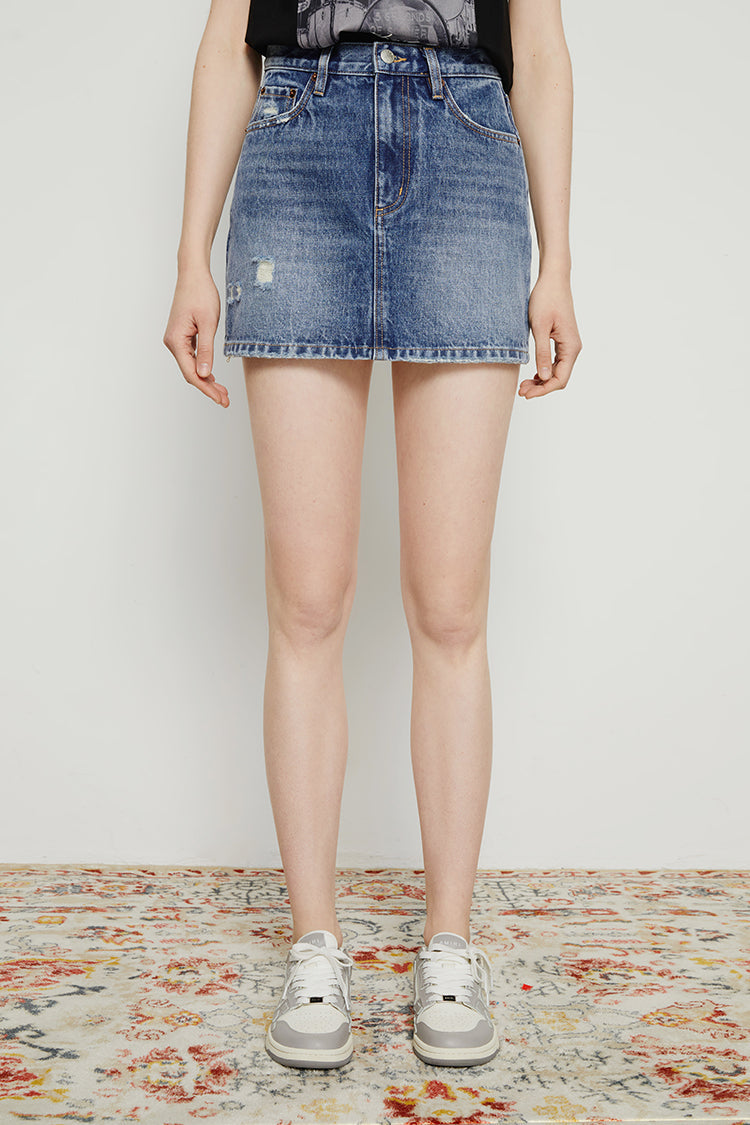 Heartbreak Hotel Mini Skirt in Mid-Weight Denim