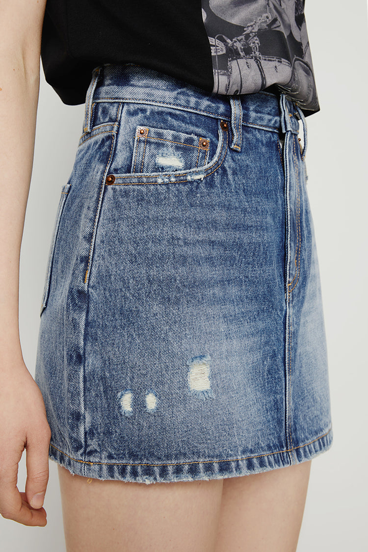 Heartbreak Hotel Mini Skirt in Mid-Weight Denim