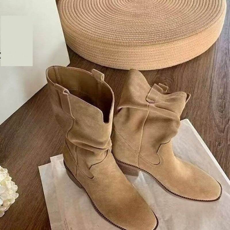 Women’s Western Pleated Short Boots in Tan Cowhide Leather - Image 2