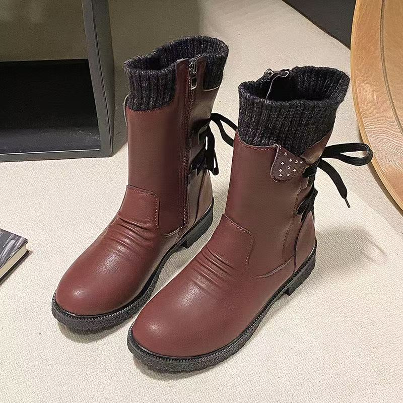 Women's Mid-Calf Lace-Up Boots with Knit Cuff and Side Zipper - Image 7