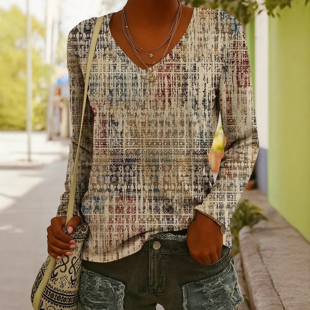 Women's Ethnic Print V-Neck Long-Sleeve Pullover Top - Image 5