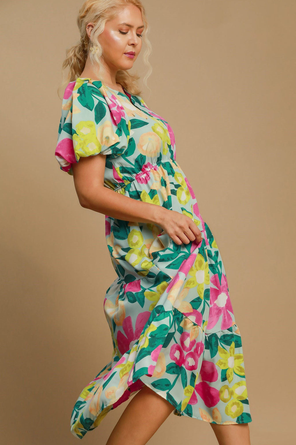 Floral Print Puff Sleeve Midi Dress Romantic Style