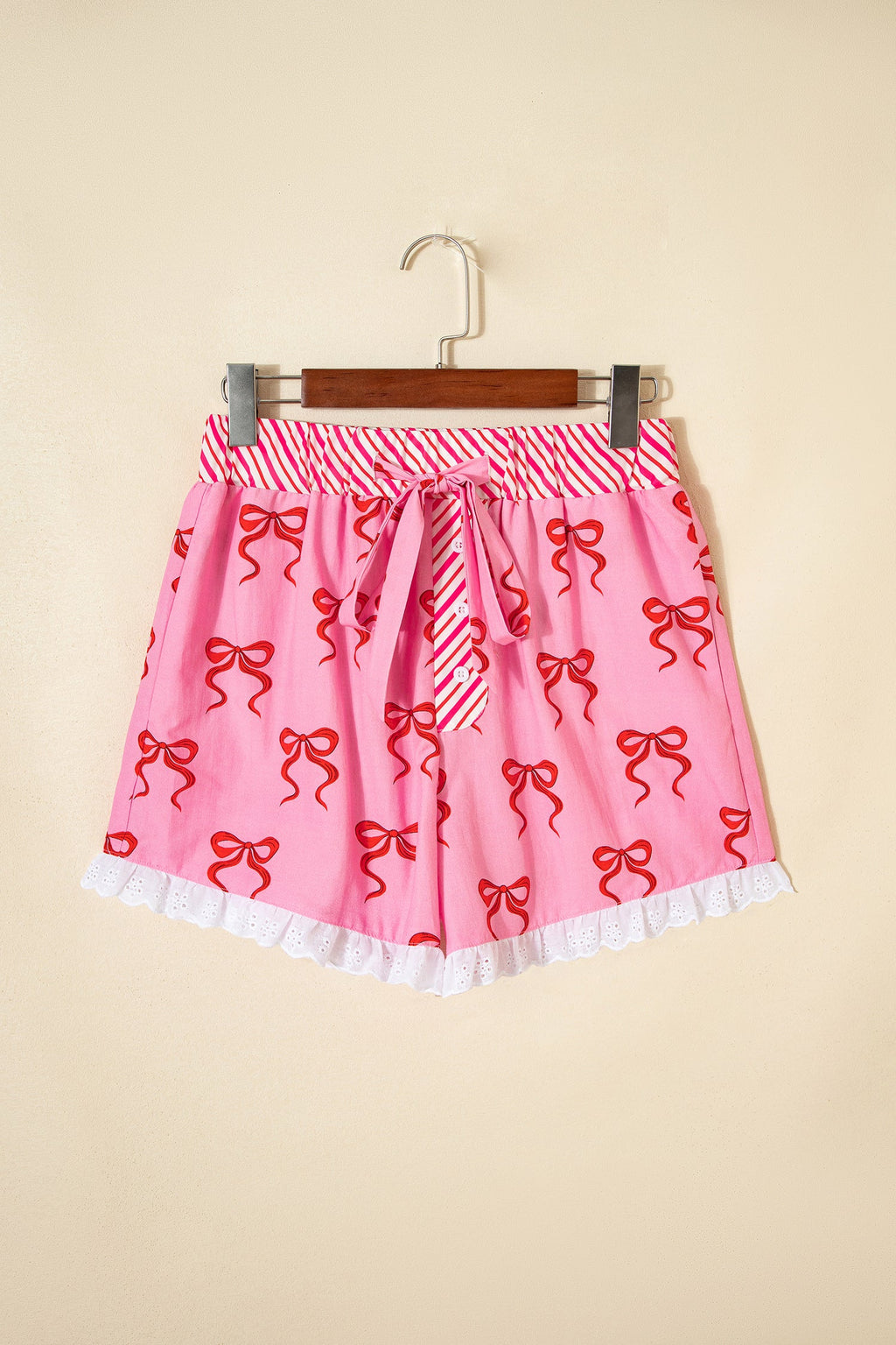 Pink Bow Print Striped Patchwork Shorts with Lace Trim