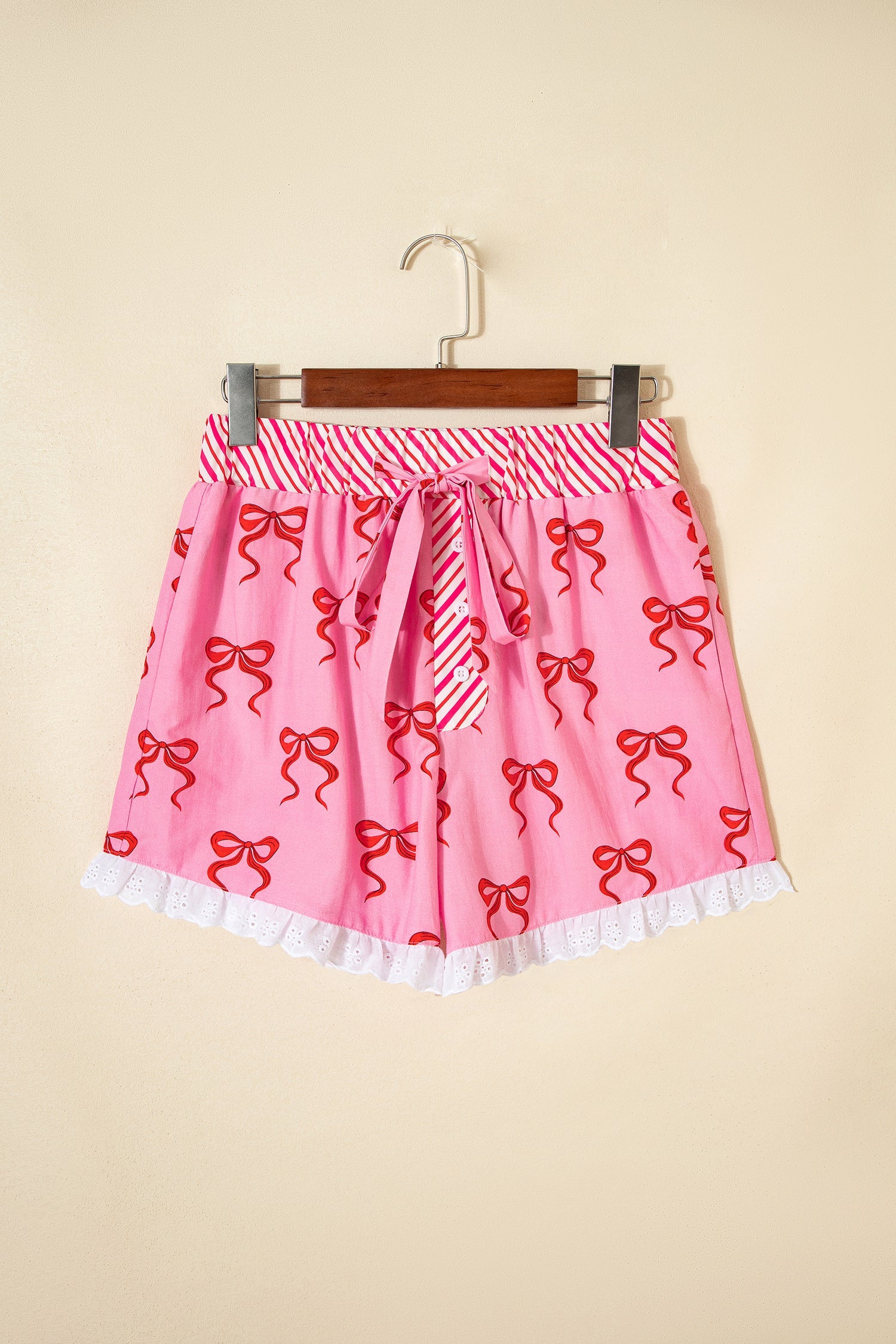 Pink Bow Print Striped Patchwork Shorts with Lace Trim