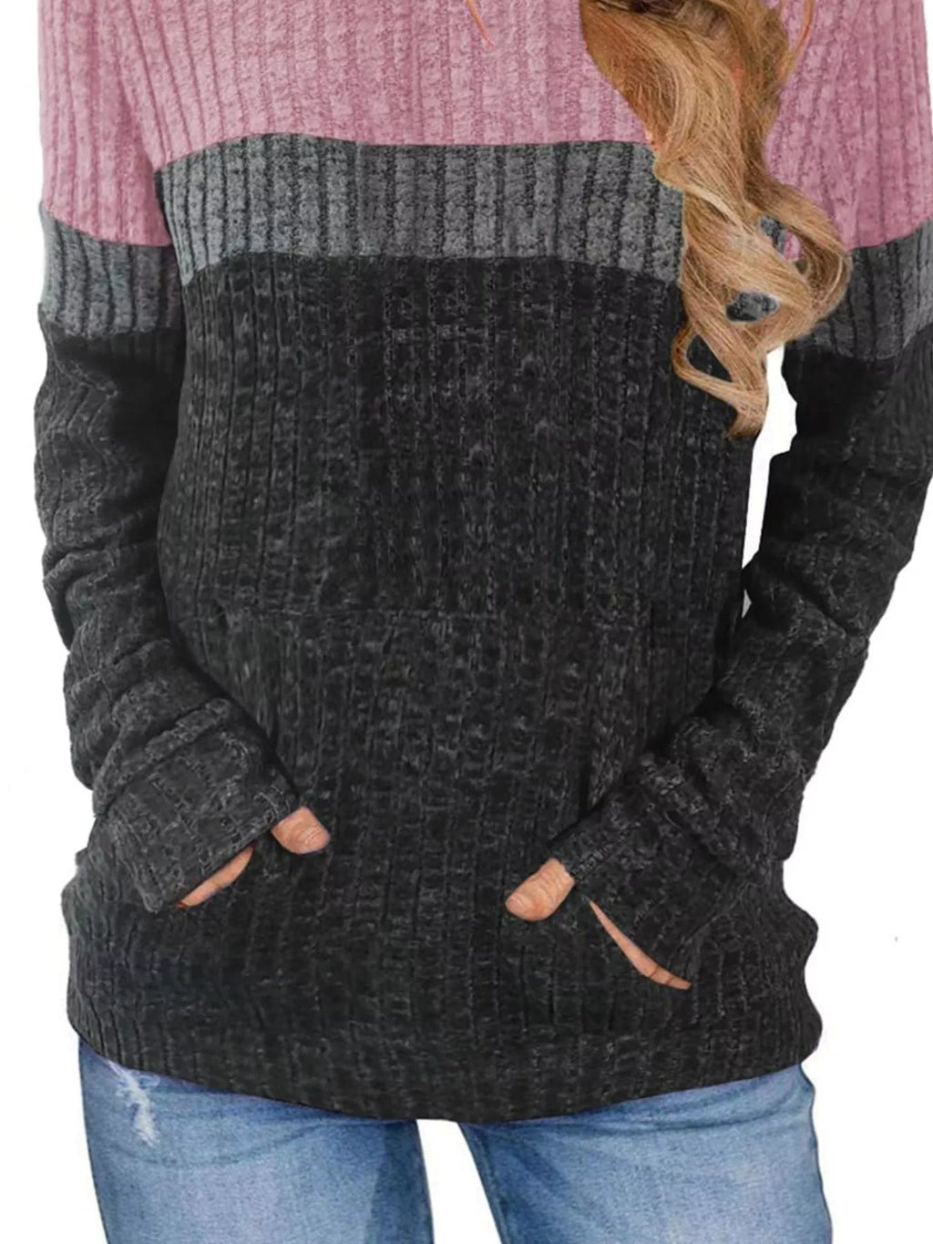 Full Size Color Block Ribbed Knit Hoodie Plus Size