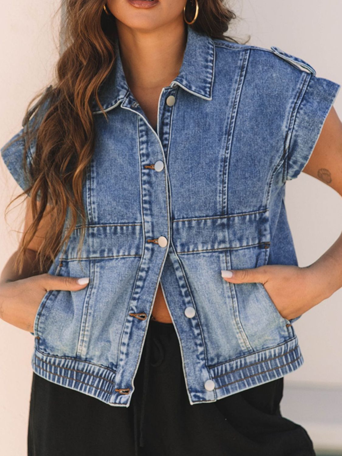 Button Up Cap Sleeve Denim Jacket | Classic Cotton Blend