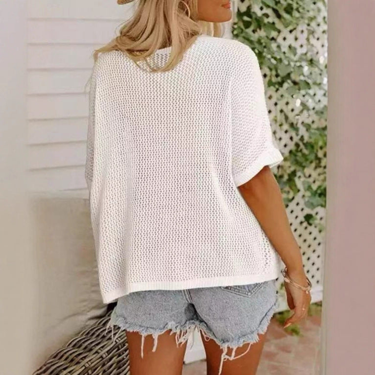 Beige Floral Hollow-Out Knit Top Drop-Shoulder Pullover - Image 4