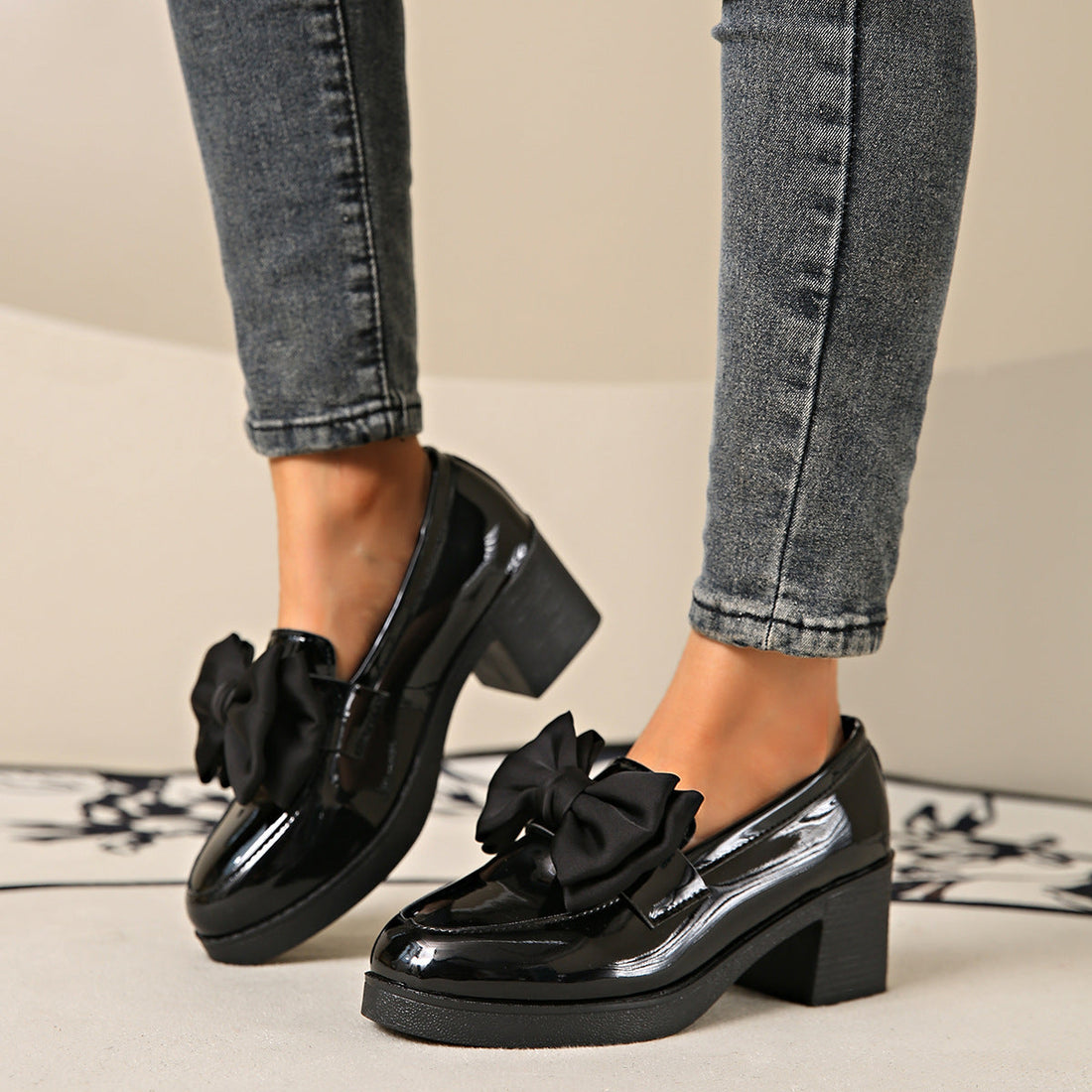 Women's Patent Bowtie Block Heel Pumps Casual Round Toe Shoes - Image 7