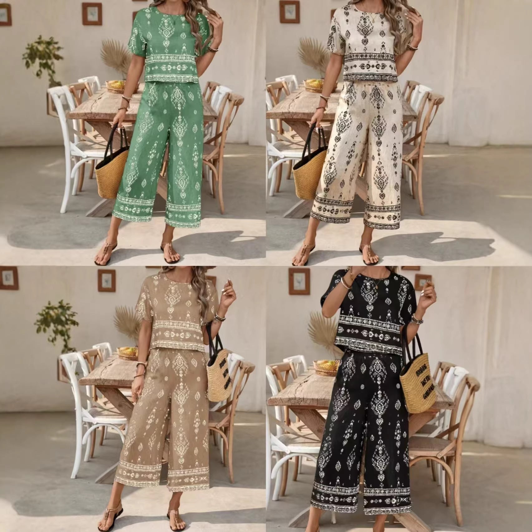 Women's Ethnic Print Two-Piece Crop Top and Straight-Leg Pants Set - Image 4