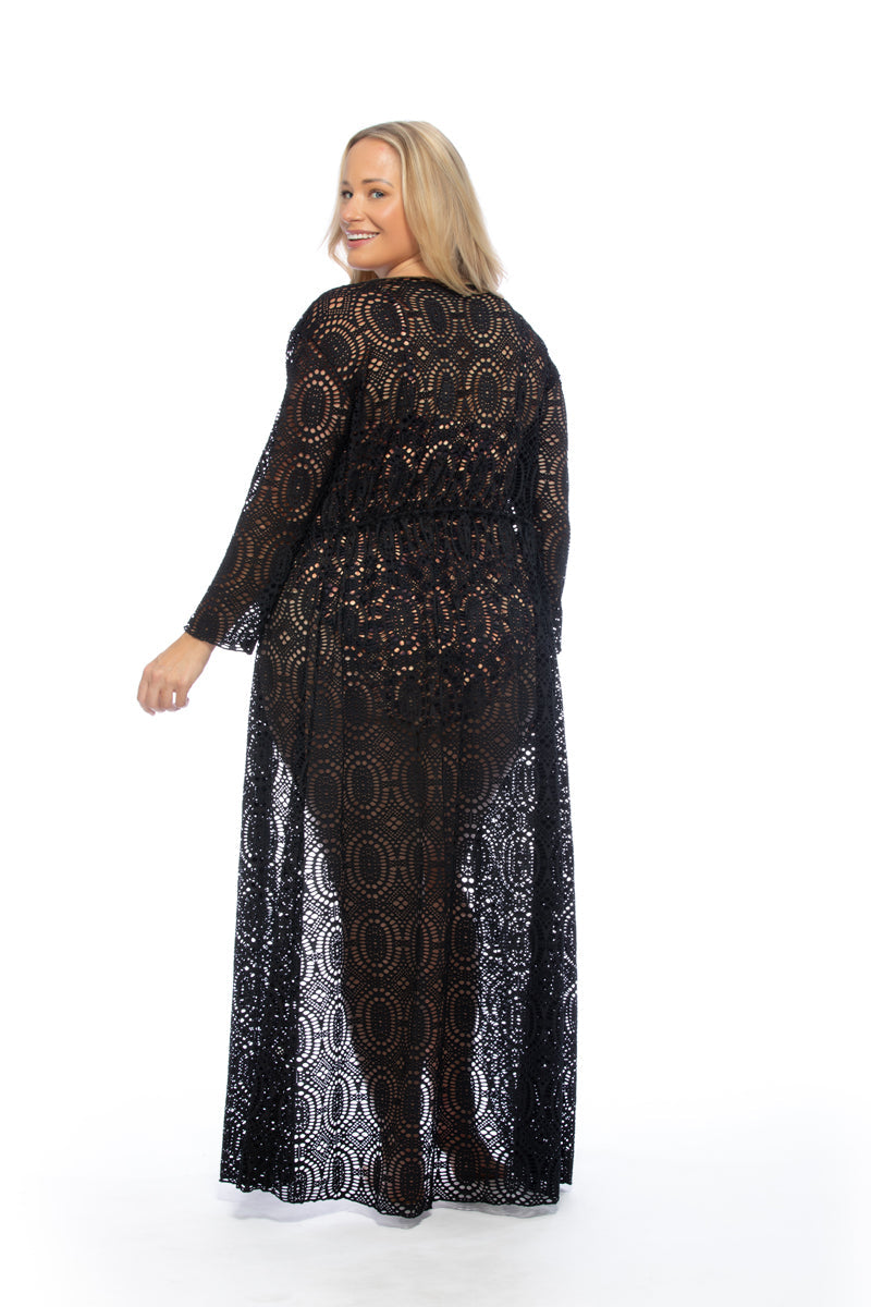 Solid Black Crochet Long Sleeve Maxi Kimono Beach Coverup